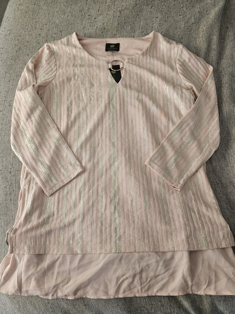 JM Collection Pale Pink Metallic-Striped Tunic with Ring Detail